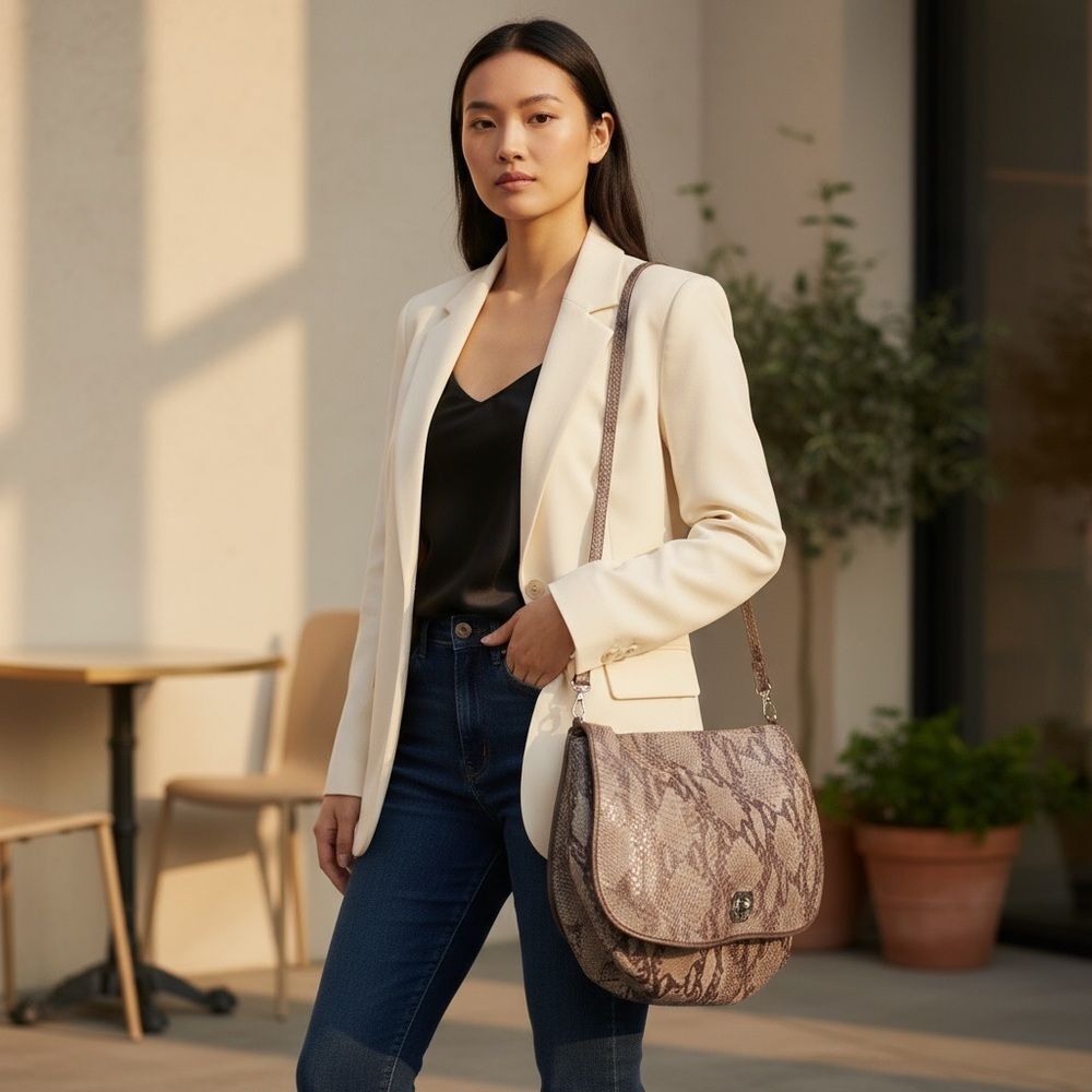 Katie Kalsi Large Two-Tone Snakeskin Print Crossbody Messenger Bag